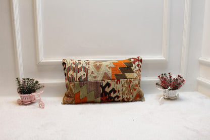 Handmade Patchwork Kilim Lumbar Pillow Cover: Organic Wool, 12x20 inch