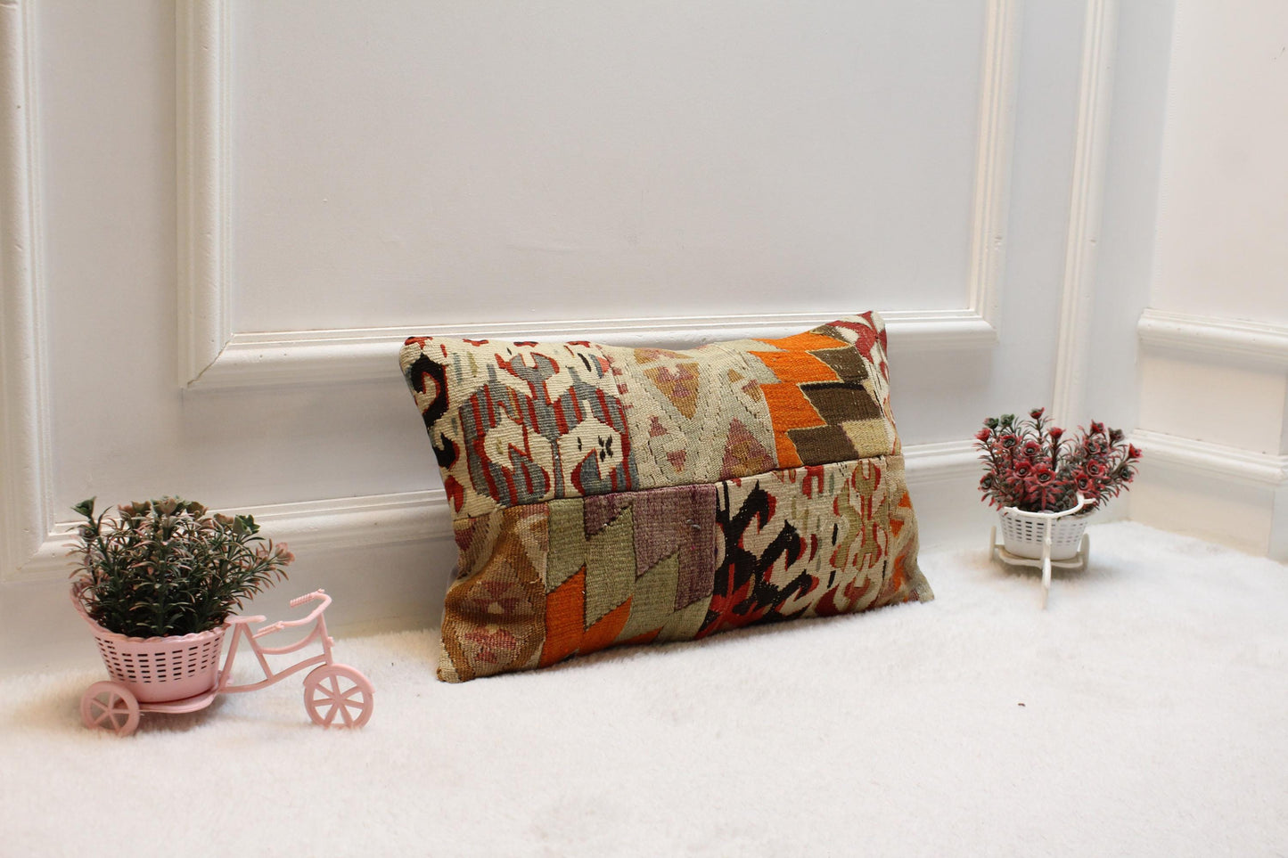 Handmade Patchwork Kilim Lumbar Pillow Cover: Organic Wool, 12x20 inch