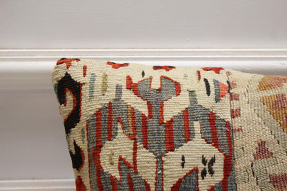 Handmade Patchwork Kilim Lumbar Pillow Cover: Organic Wool, 12x20 inch