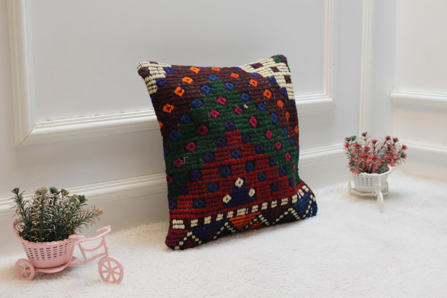 Handmade Kilim Pillow Cover: Geometric Rainbow Wool, 16x16 inch