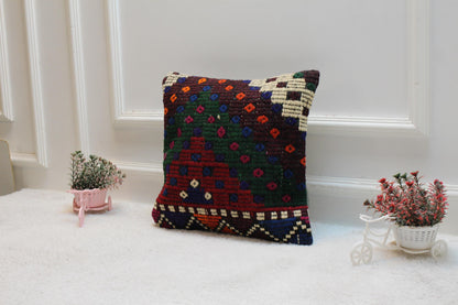 Handmade Kilim Pillow Cover: Geometric Rainbow Wool, 16x16 inch
