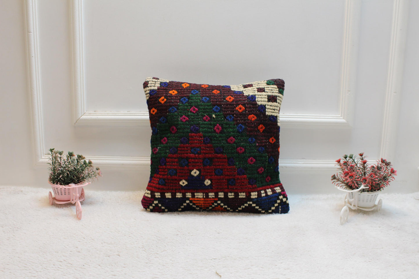 Handmade Kilim Pillow Cover: Geometric Rainbow Wool, 16x16 inch