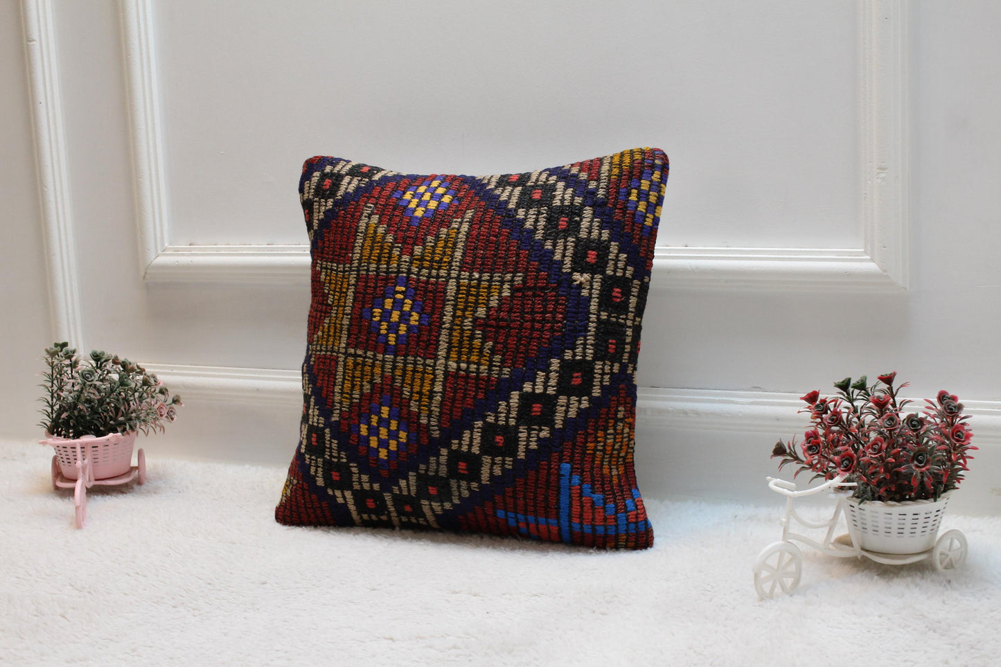 Geometric Kilim Pillow Cover: 16x16 Square, Upcycled Wool
