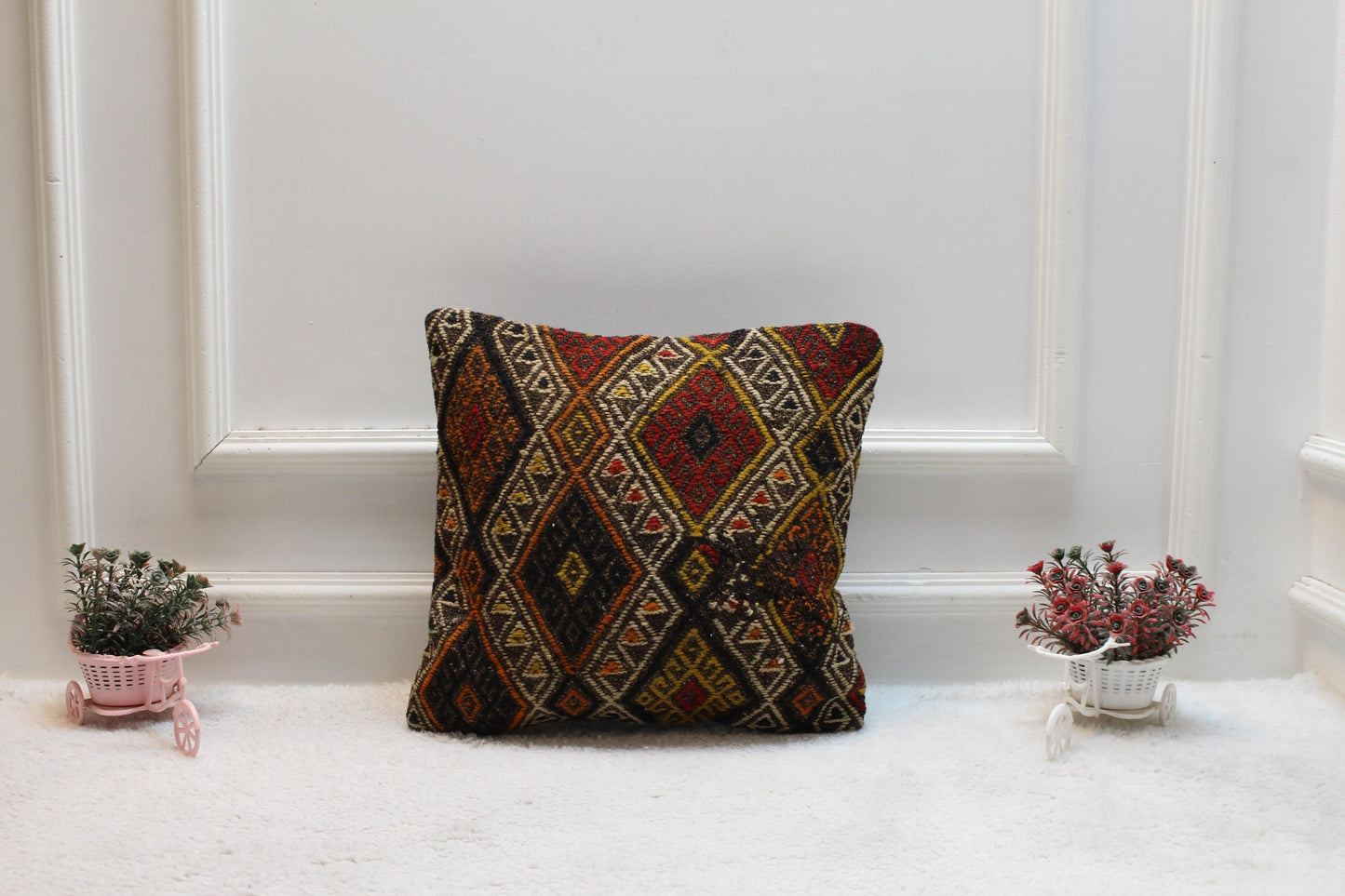 Vintage Kilim Pillow Cover: Rainbow Geometric Design, Handmade Wool (16x16 inch)