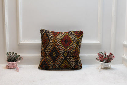 Vintage Kilim Pillow Cover: Rainbow Geometric Design, Handmade Wool (16x16 inch)