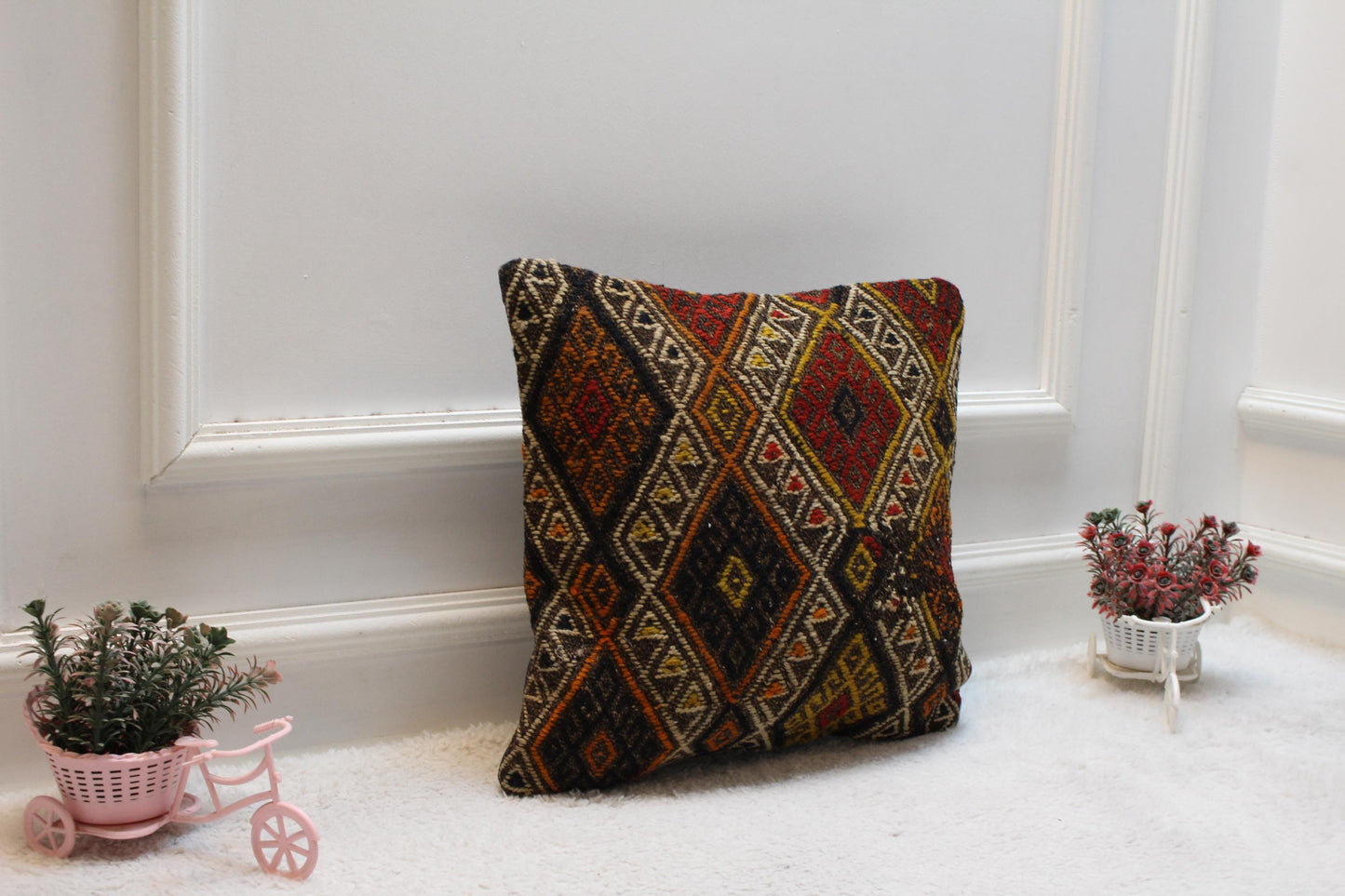 Vintage Kilim Pillow Cover: Rainbow Geometric Design, Handmade Wool (16x16 inch)