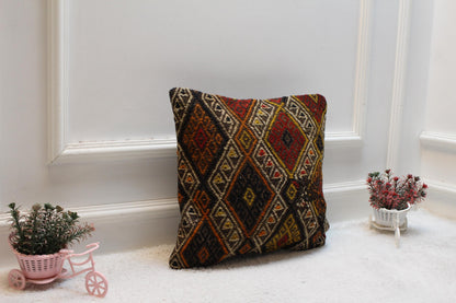 Vintage Kilim Pillow Cover: Rainbow Geometric Design, Handmade Wool (16x16 inch)