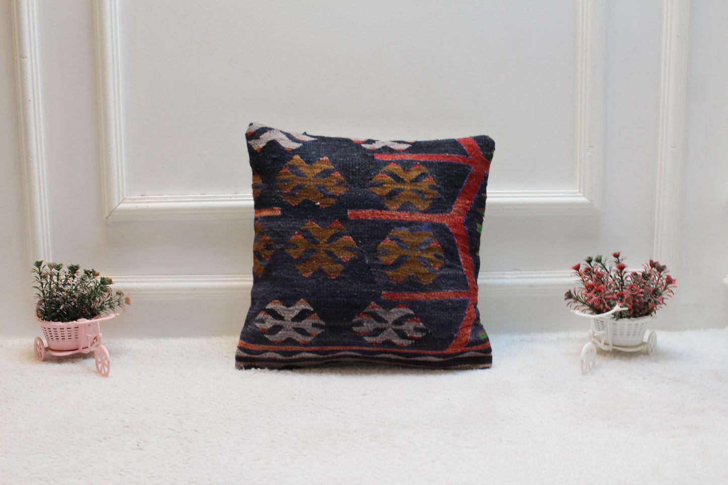 Black Kilim Pillow Cover: 16x16 Organic Wool, Vintage Turkish Cushion