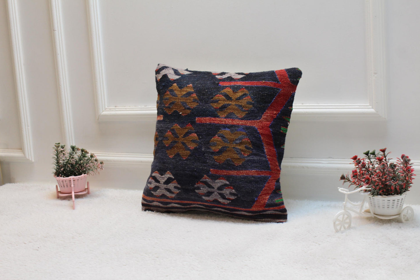 Black Kilim Pillow Cover: 16x16 Organic Wool, Vintage Turkish Cushion