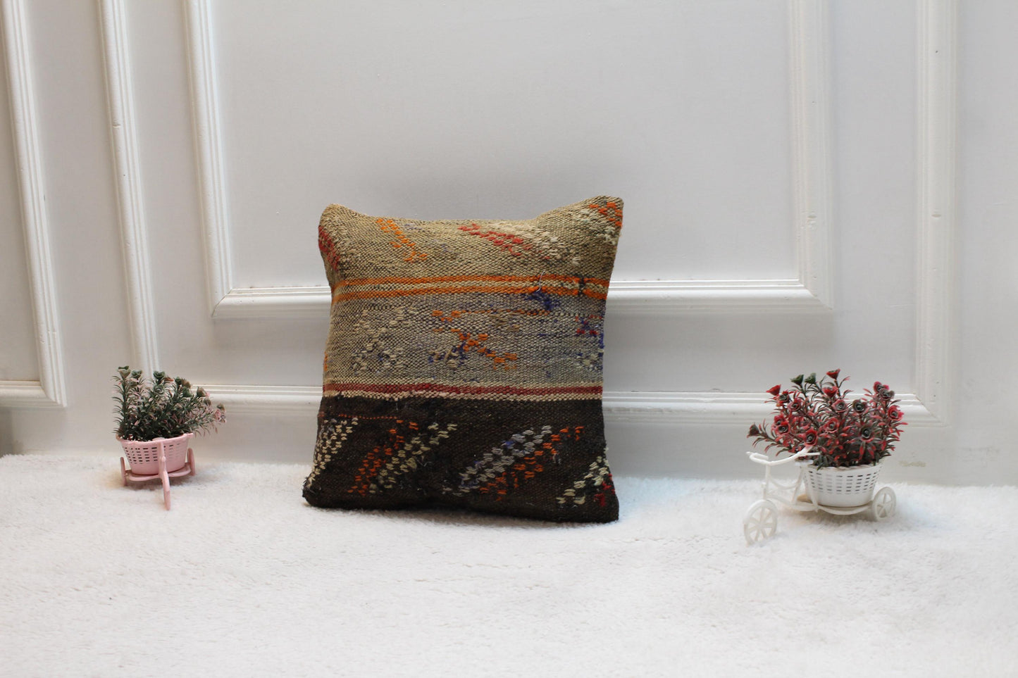 Handmade Kilim Pillow Cover: 16x16 Square, Organic Wool Throw Pillow
