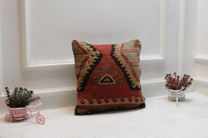 Handmade Kilim Pillow Cover: Geometric Turkish Rug, 16x16 inch