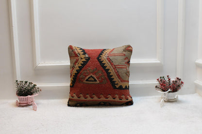 Handmade Kilim Pillow Cover: Geometric Turkish Rug, 16x16 inch