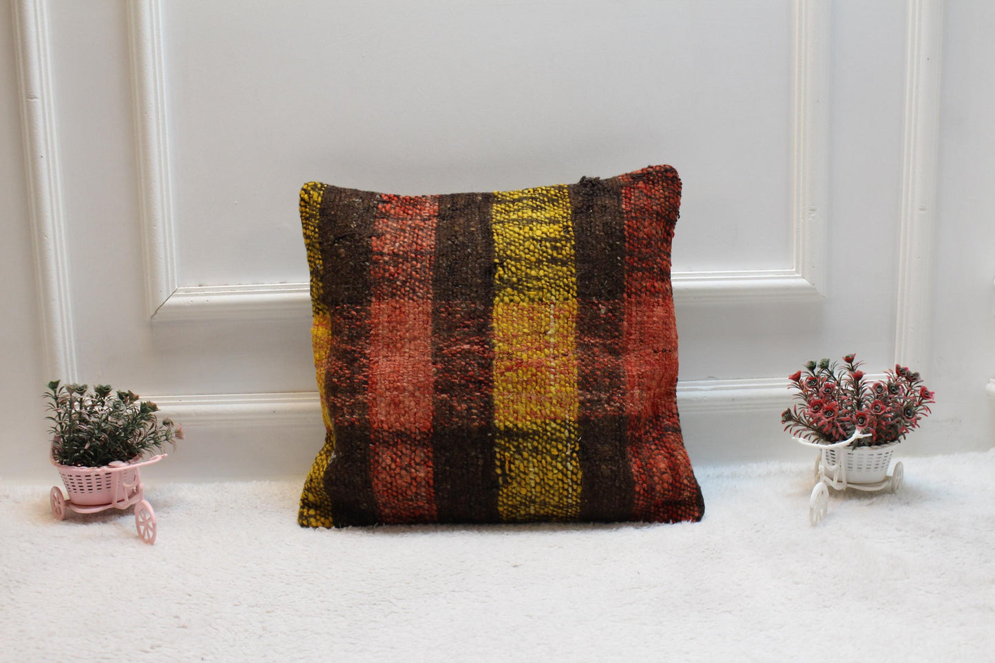 Handmade Kilim Pillow Cover: Square Rainbow Woven Rug, 16x16 inch