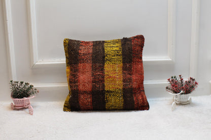Handmade Kilim Pillow Cover: Square Rainbow Woven Rug, 16x16 inch