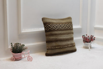 Brown Vintage Kilim Pillow Cover: 16x16 Square, Handmade Wool