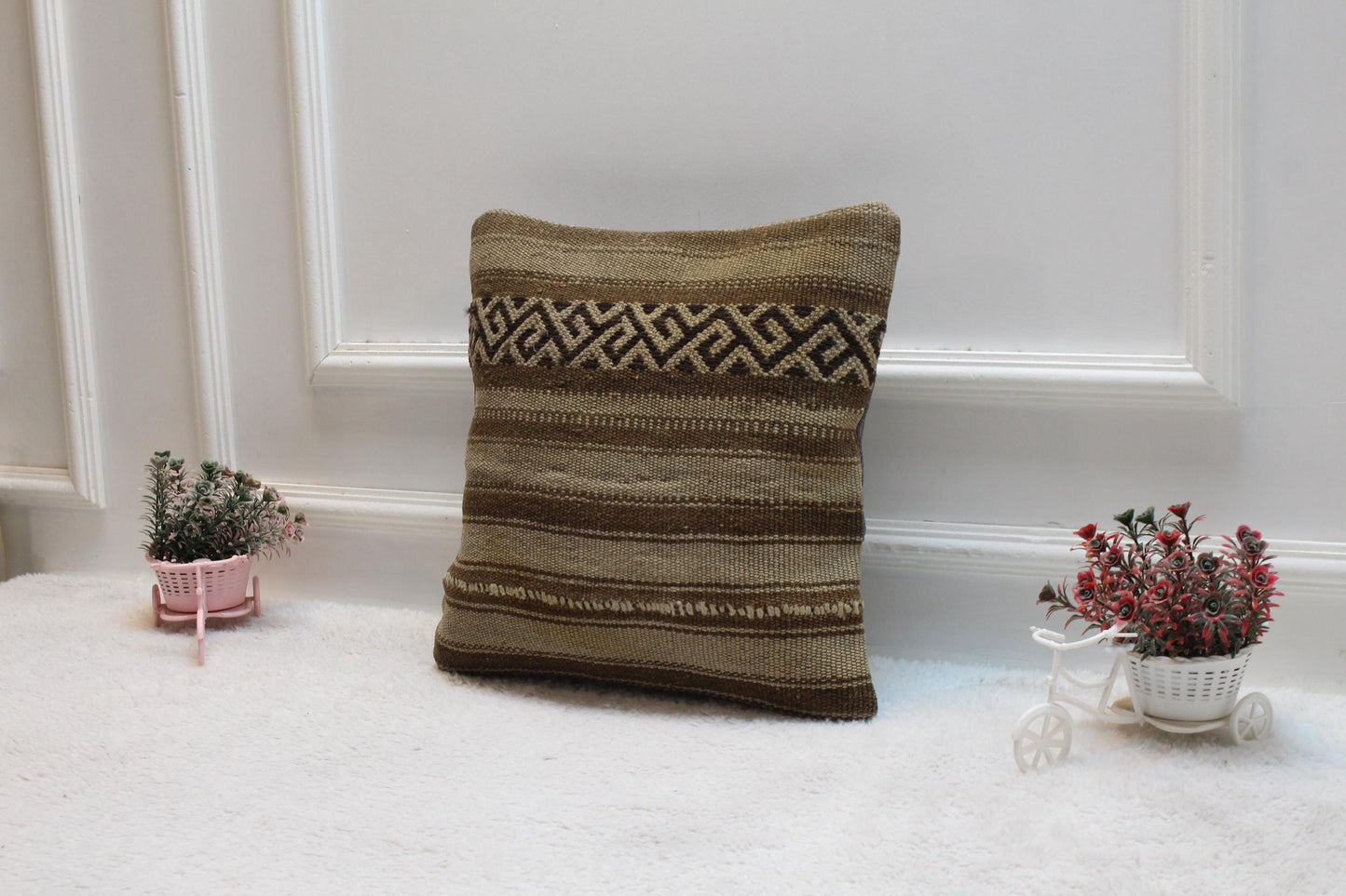 Brown Vintage Kilim Pillow Cover: 16x16 Square, Handmade Wool