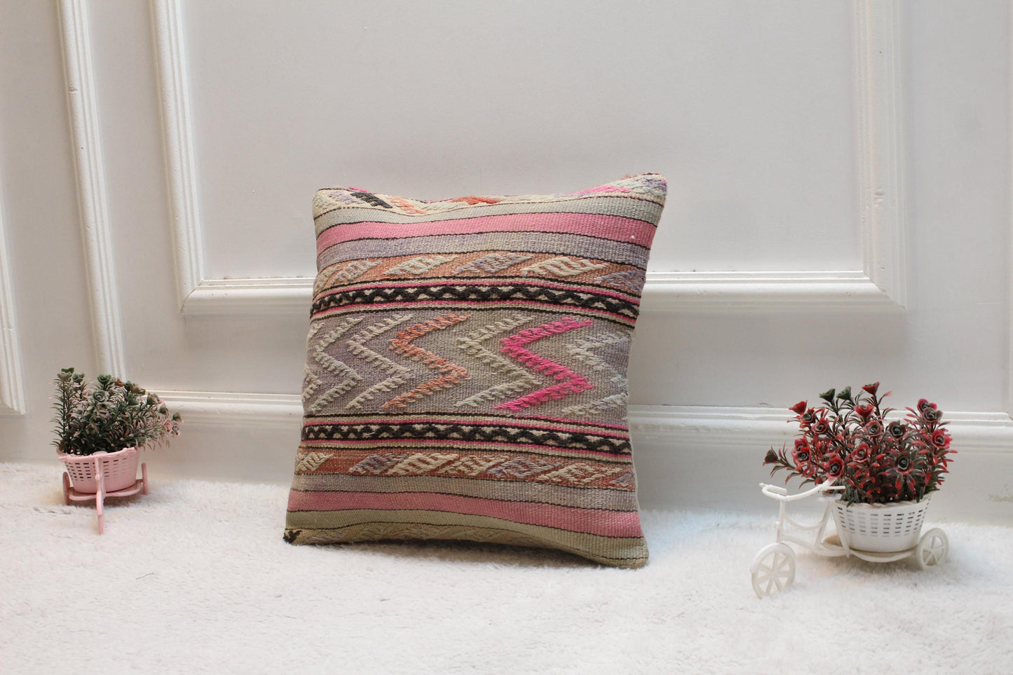 Handmade Kilim Pillow Cover: Rainbow Vintage Woven Rug, 16x16 inch