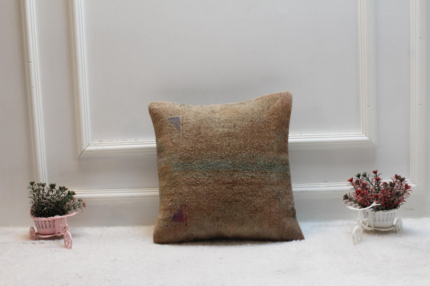 Handmade Turkish Rug Pillow Cover: Brown Woven Wool, 16x16 inc