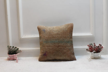 Handmade Turkish Rug Pillow Cover: Brown Woven Wool, 16x16 inc