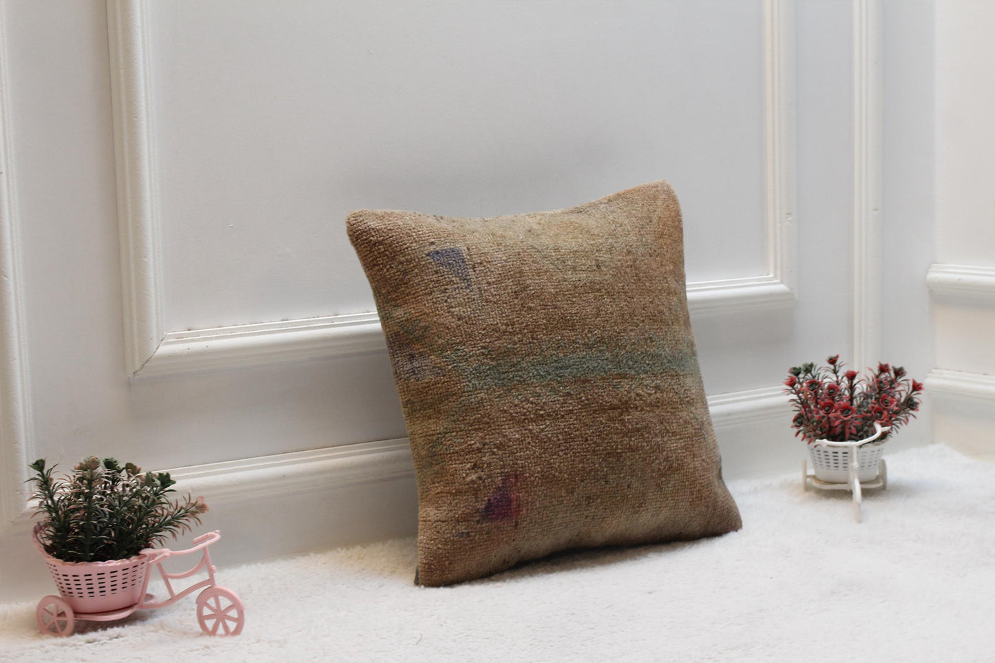 Handmade Turkish Rug Pillow Cover: Brown Woven Wool, 16x16 inc