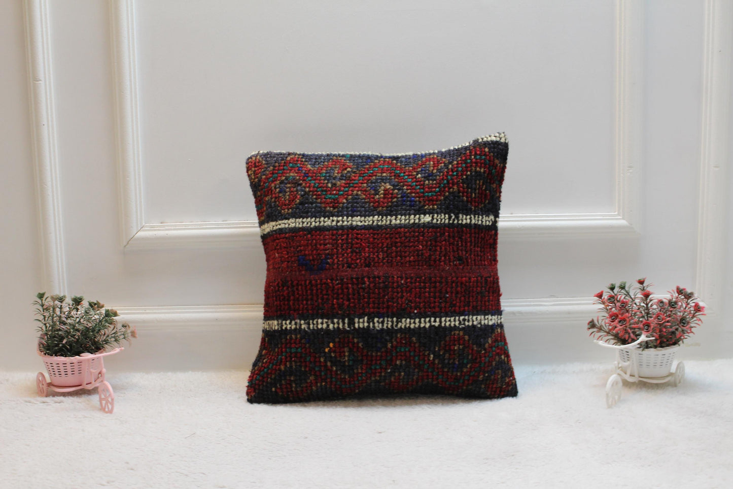 Handmade Turkish Kilim Pillow Cover: Ethnic Rainbow Rug Pillow (16x16 in)
