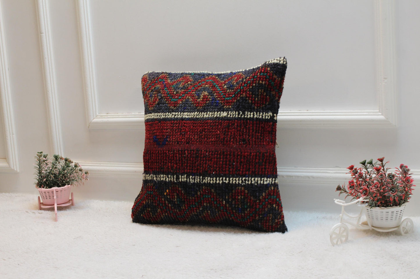 Handmade Turkish Kilim Pillow Cover: Ethnic Rainbow Rug Pillow (16x16 in)