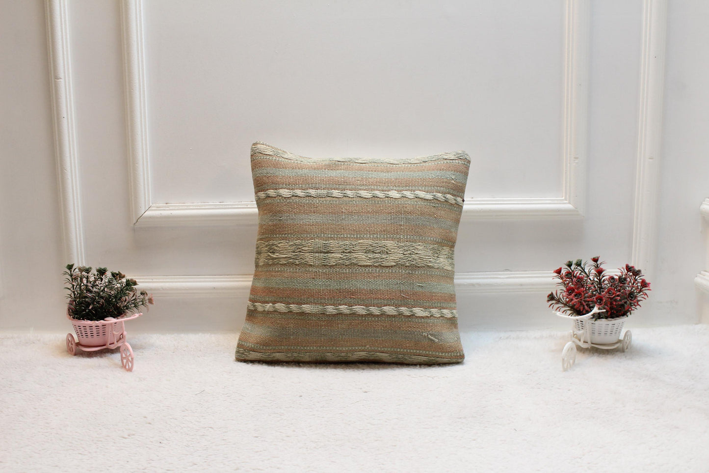 Handmade Kilim Pillow Cover: Upcycled Woven Rug, Soft Colors (16x16 in)