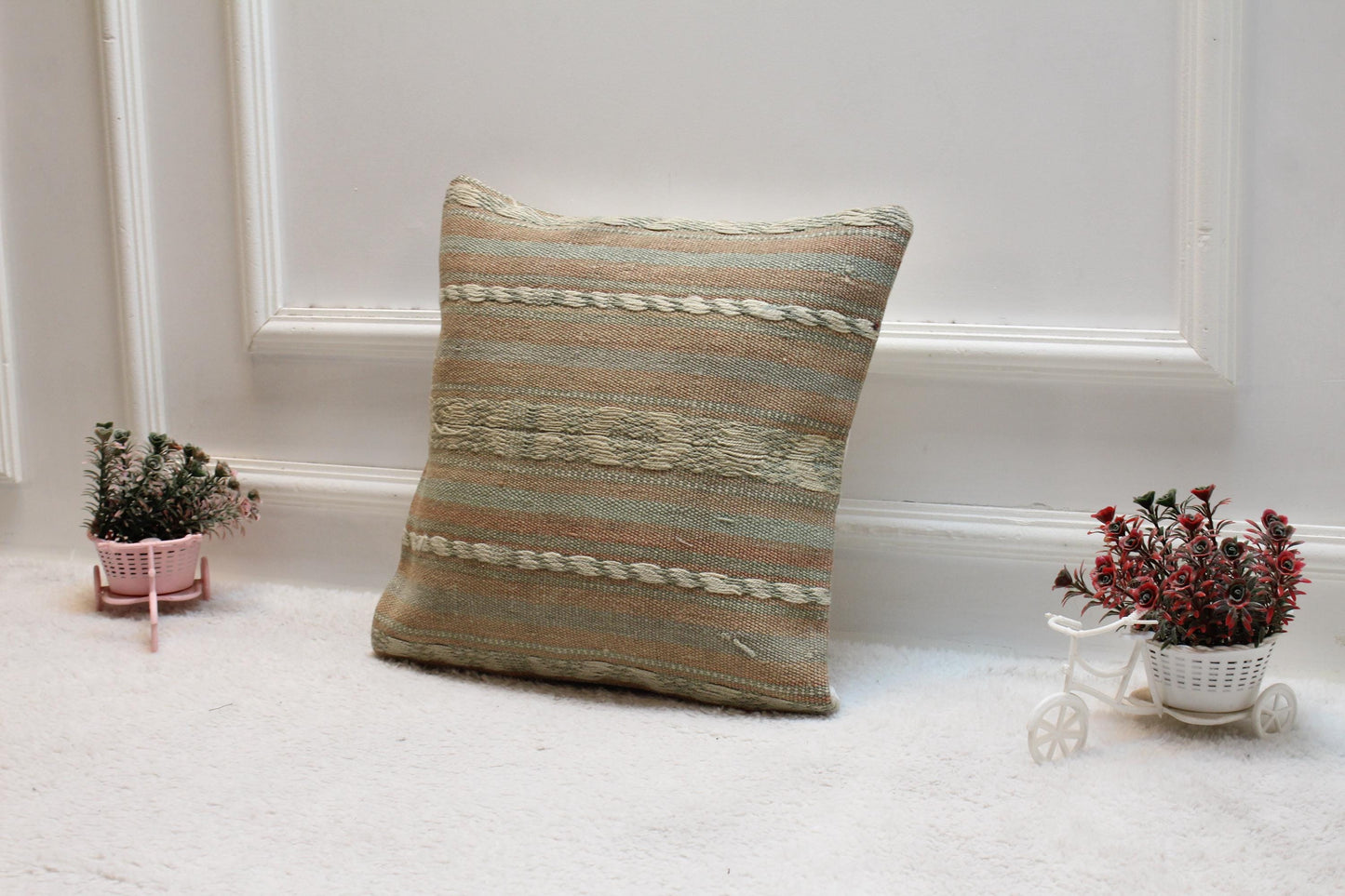 Handmade Kilim Pillow Cover: Upcycled Woven Rug, Soft Colors (16x16 in)