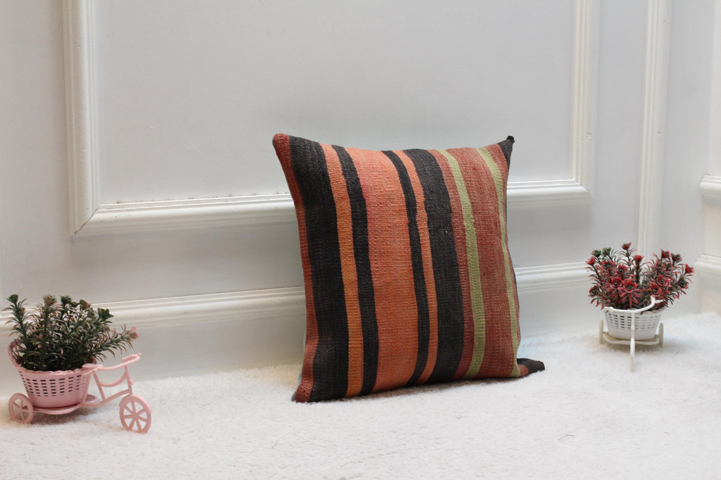 Handmade Striped Kilim Pillow Cover: Organic Wool, Bohemian Decor (16x16 in)