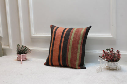 Handmade Striped Kilim Pillow Cover: Organic Wool, Bohemian Decor (16x16 in)