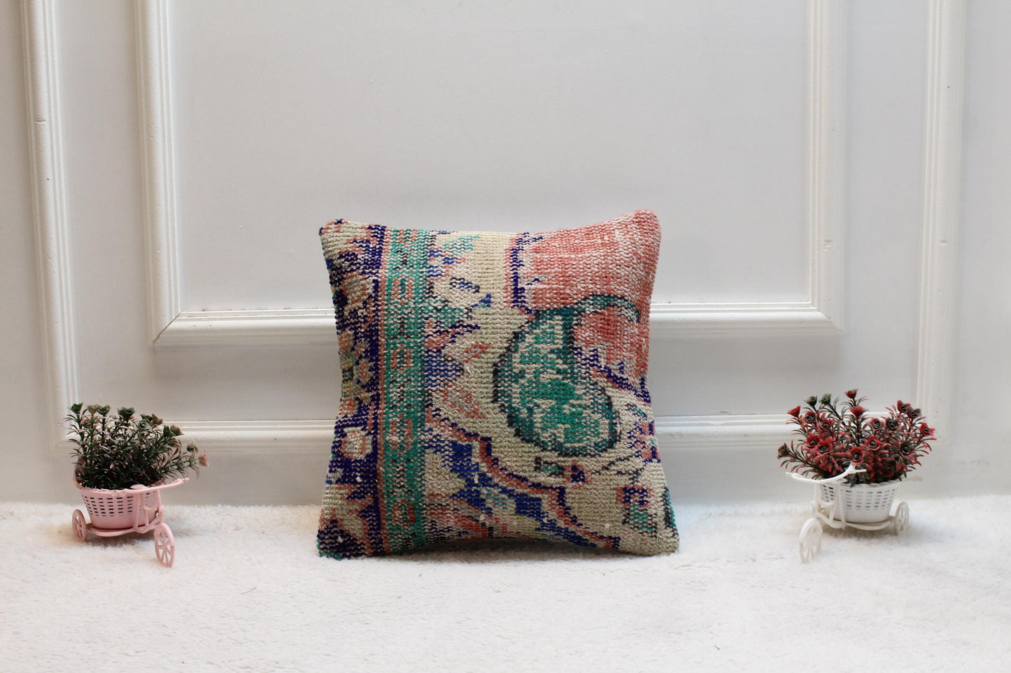 Floral Turkish Rug Pillow Cover: Handmade Wool Kilim, 16x16 Square