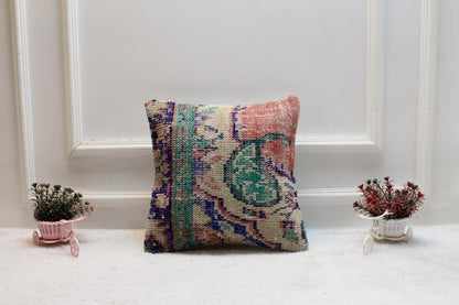 Floral Turkish Rug Pillow Cover: Handmade Wool Kilim, 16x16 Square