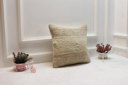 Handmade Beige Kilim Pillow Cover: Upcycled Woven Rug, 16x16 inch