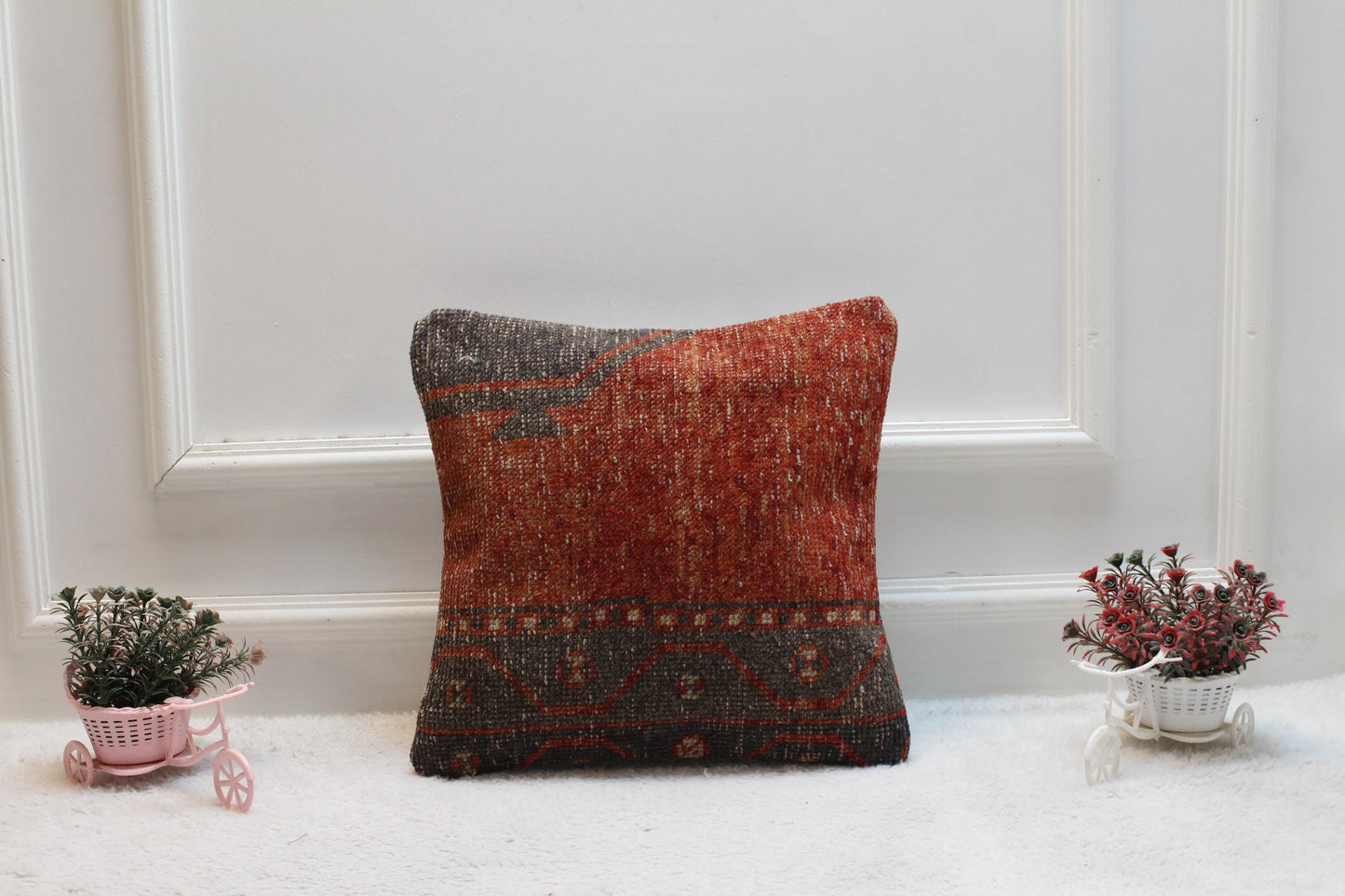 Handmade Kilim Pillow Cover: Upcycled Woven Rug, Red 16x16