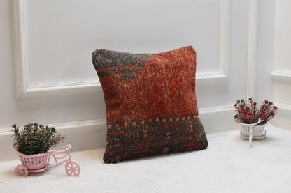 Handmade Kilim Pillow Cover: Upcycled Woven Rug, Red 16x16