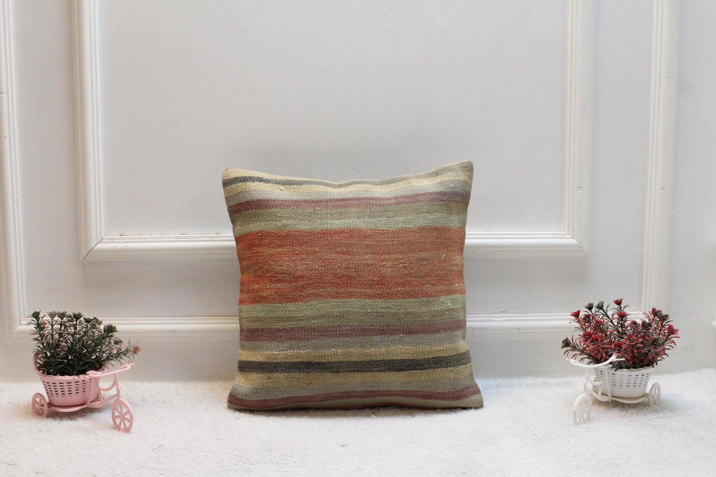 Handmade Striped Kilim Pillow: Boho Throw Pillow Cover (16x16 inch)