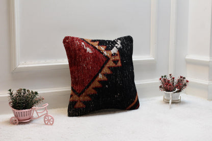 Handmade Turkish Kilim Pillow Cover: Red & Black Ethnic Design (16x16 in)