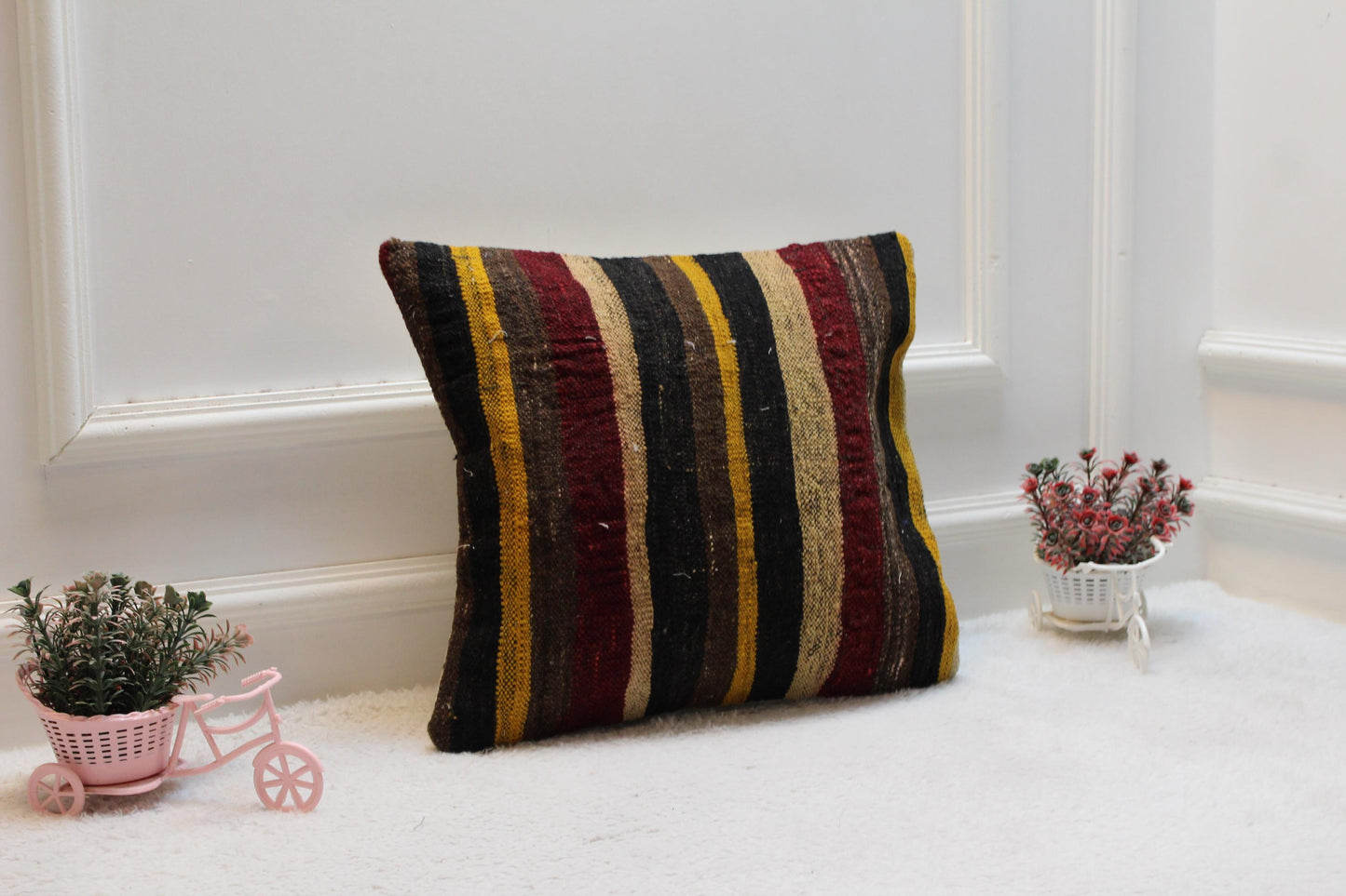 Vintage Turkish Kilim Pillow Cover: Rainbow Wool, Upcycled Rug (16x16 in)