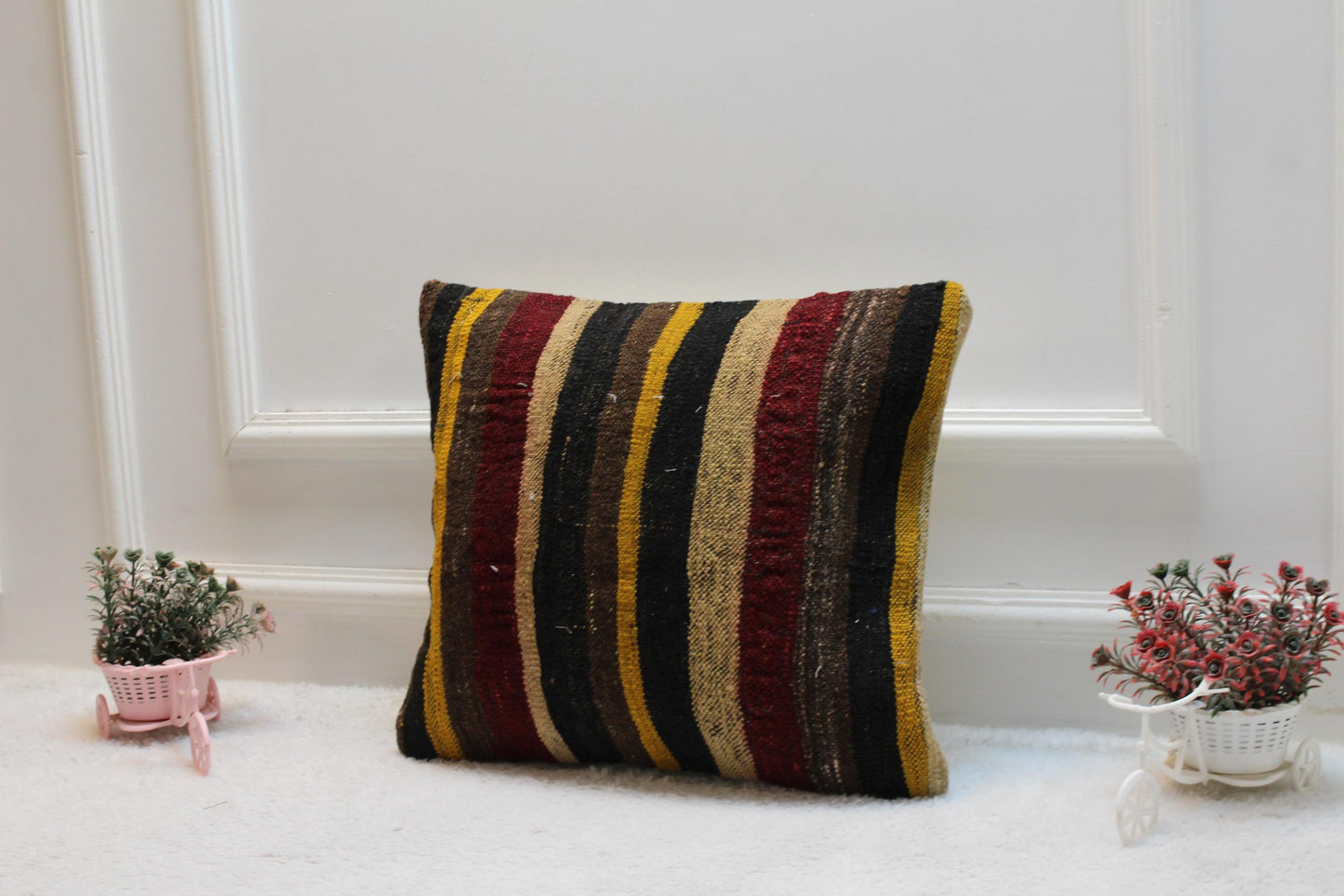 Vintage Turkish Kilim Pillow Cover: Rainbow Wool, Upcycled Rug (16x16 in)