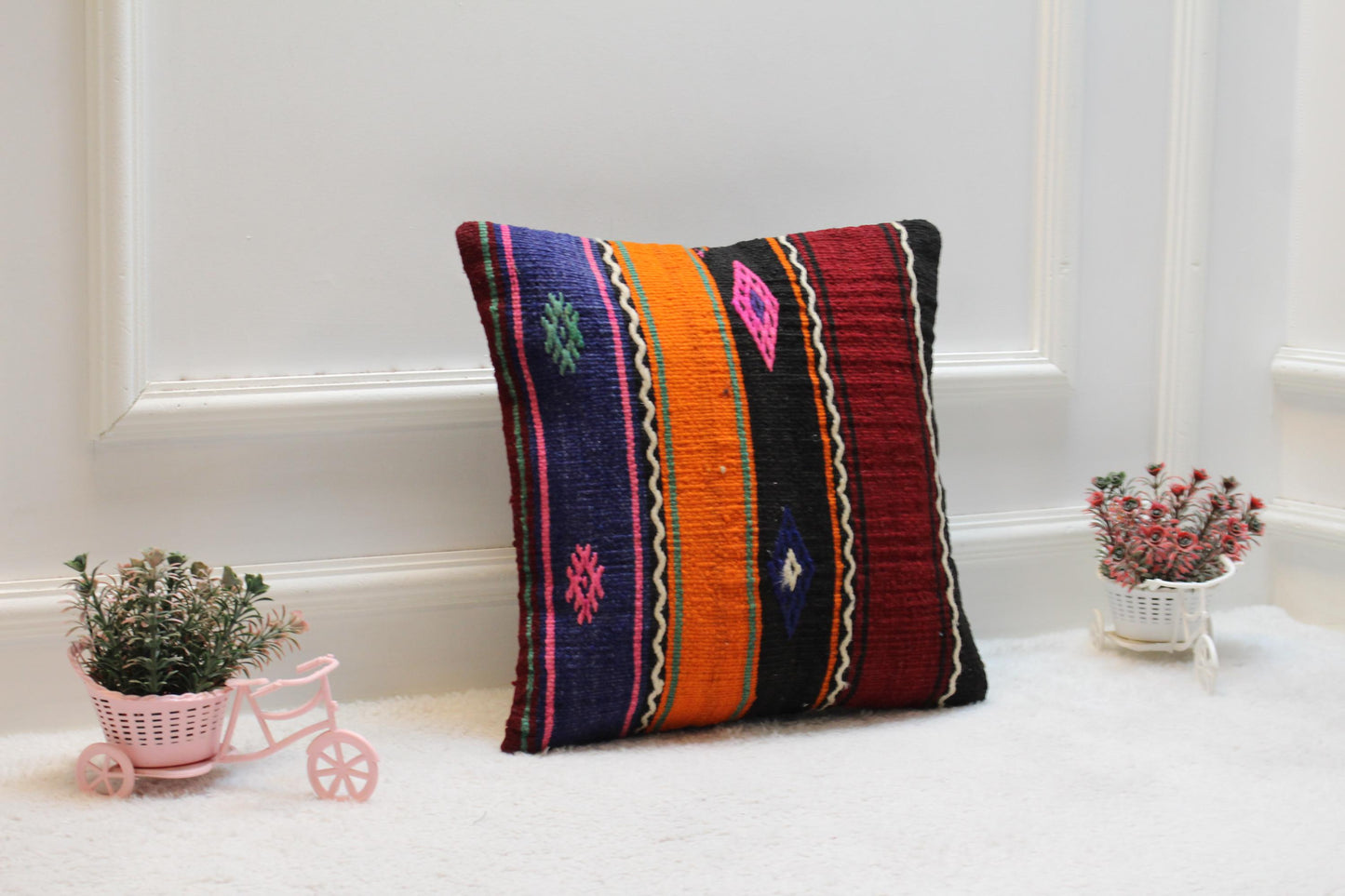 Handmade Kilim Pillow Cover: Upcycled Woven Rug, Rainbow (16x16 in)