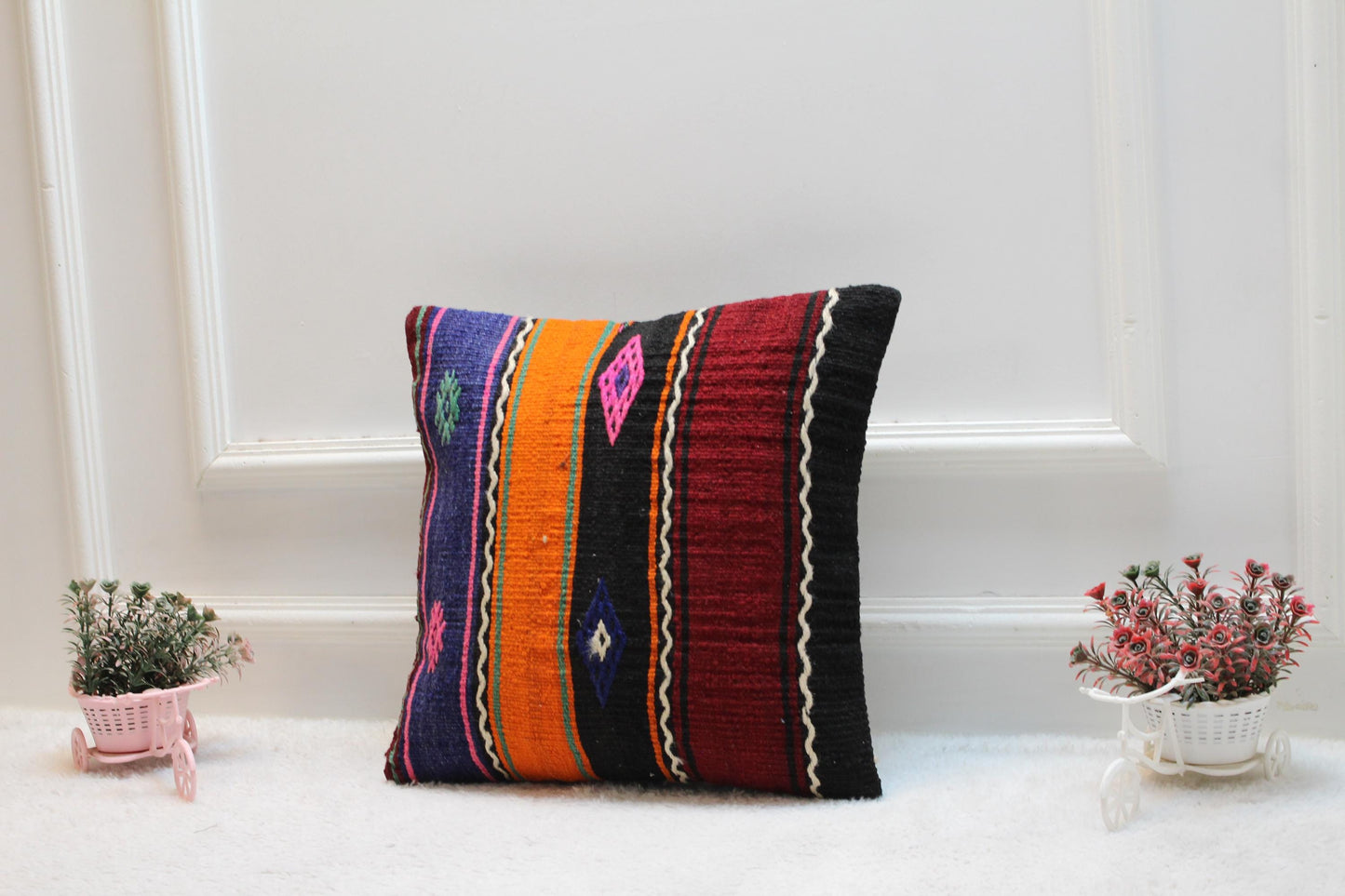 Handmade Kilim Pillow Cover: Upcycled Woven Rug, Rainbow (16x16 in)