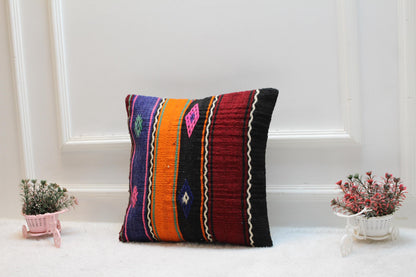 Handmade Kilim Pillow Cover: Upcycled Woven Rug, Rainbow (16x16 in)