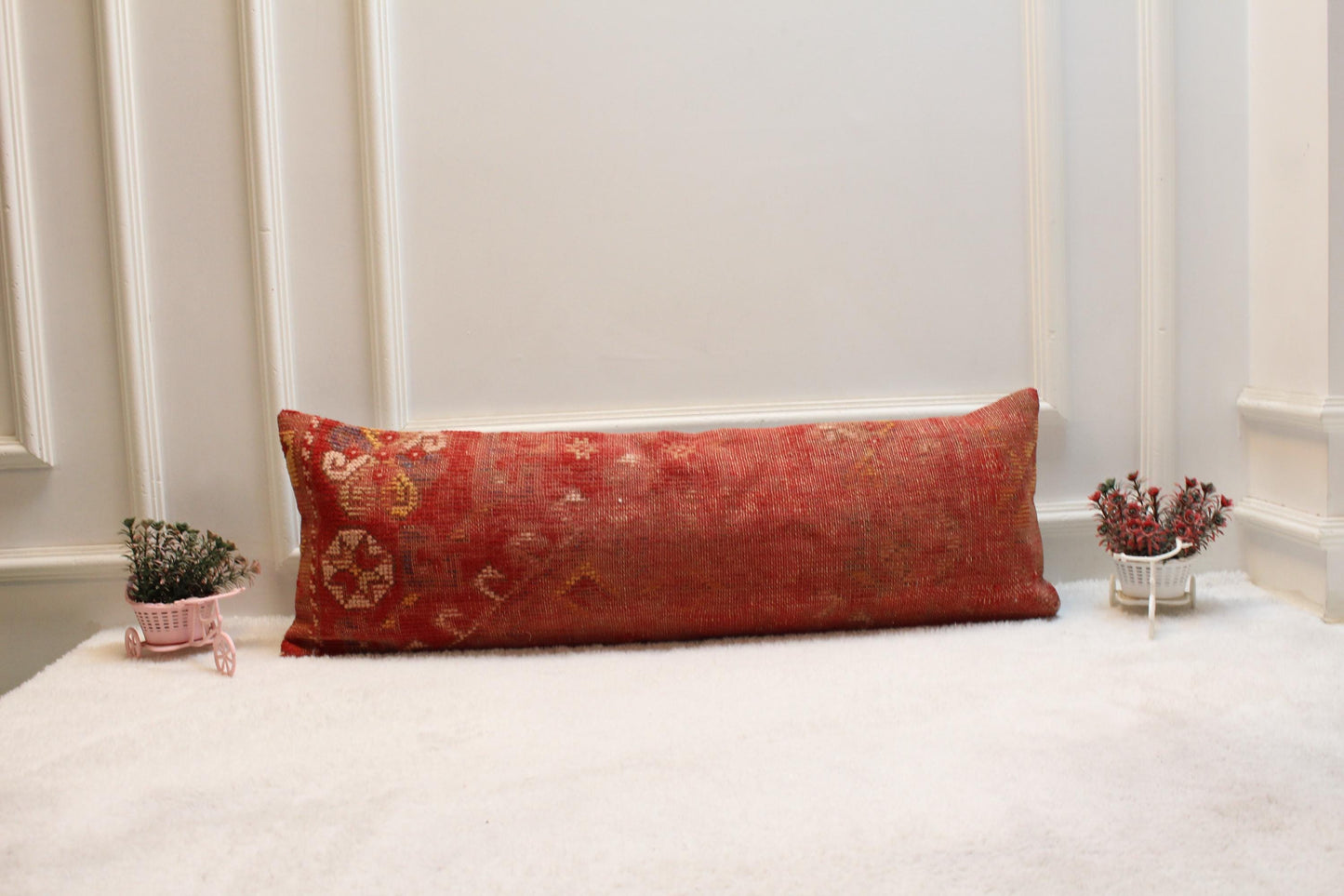 Handmade Red Turkish Kilim Lumbar Pillow: Vintage Wool Cushion (12x36)