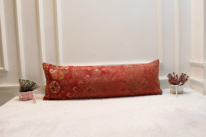 Handmade Red Turkish Kilim Lumbar Pillow: Vintage Wool Cushion (12x36)