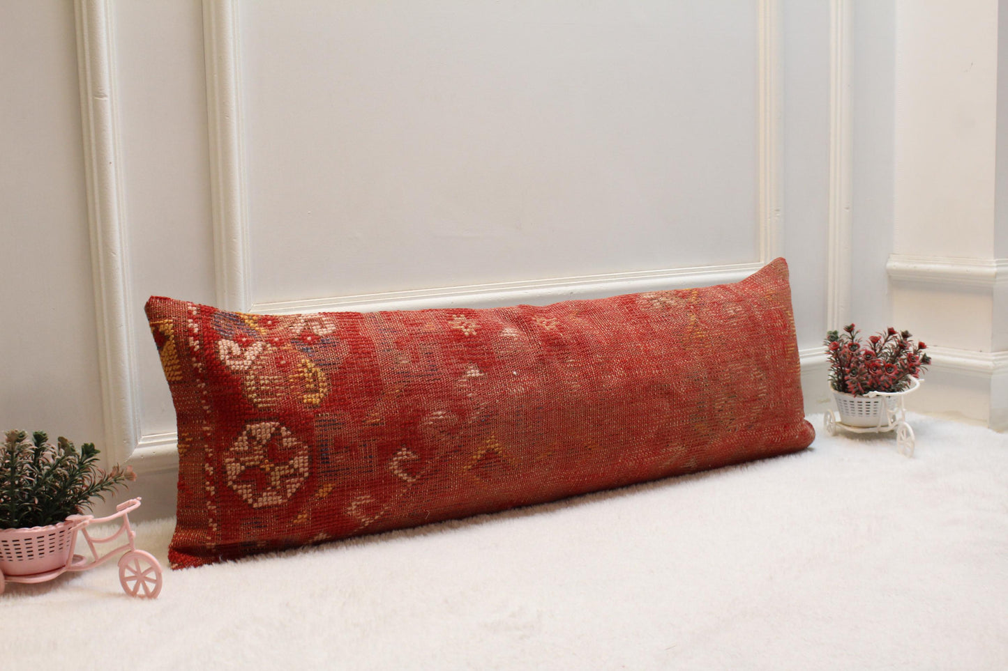 Handmade Red Turkish Kilim Lumbar Pillow: Vintage Wool Cushion (12x36)