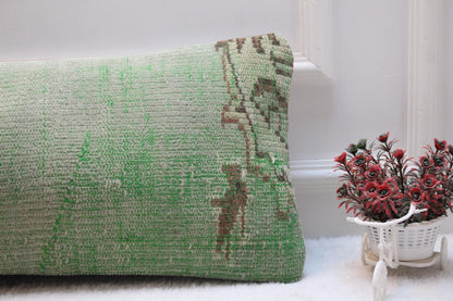 Green Turkish Rug Lumbar Pillow: Vintage Handwoven Kilim Cushion (12x36 inch)