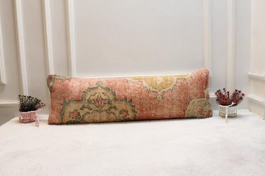 Vintage Turkish Rug Lumbar Pillow: Pastel Coral Boho Cushion (12x36)