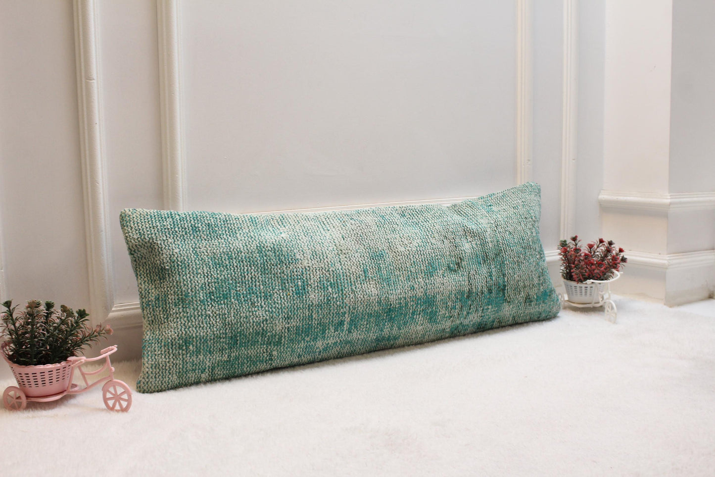 Vintage Turkish Rug Lumbar Pillow: Faded Mint Cream Print, 12x36