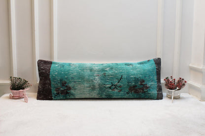 Boho Lumbar Pillow: Turquoise Floral Vintage Rug Print (12x36 inch)