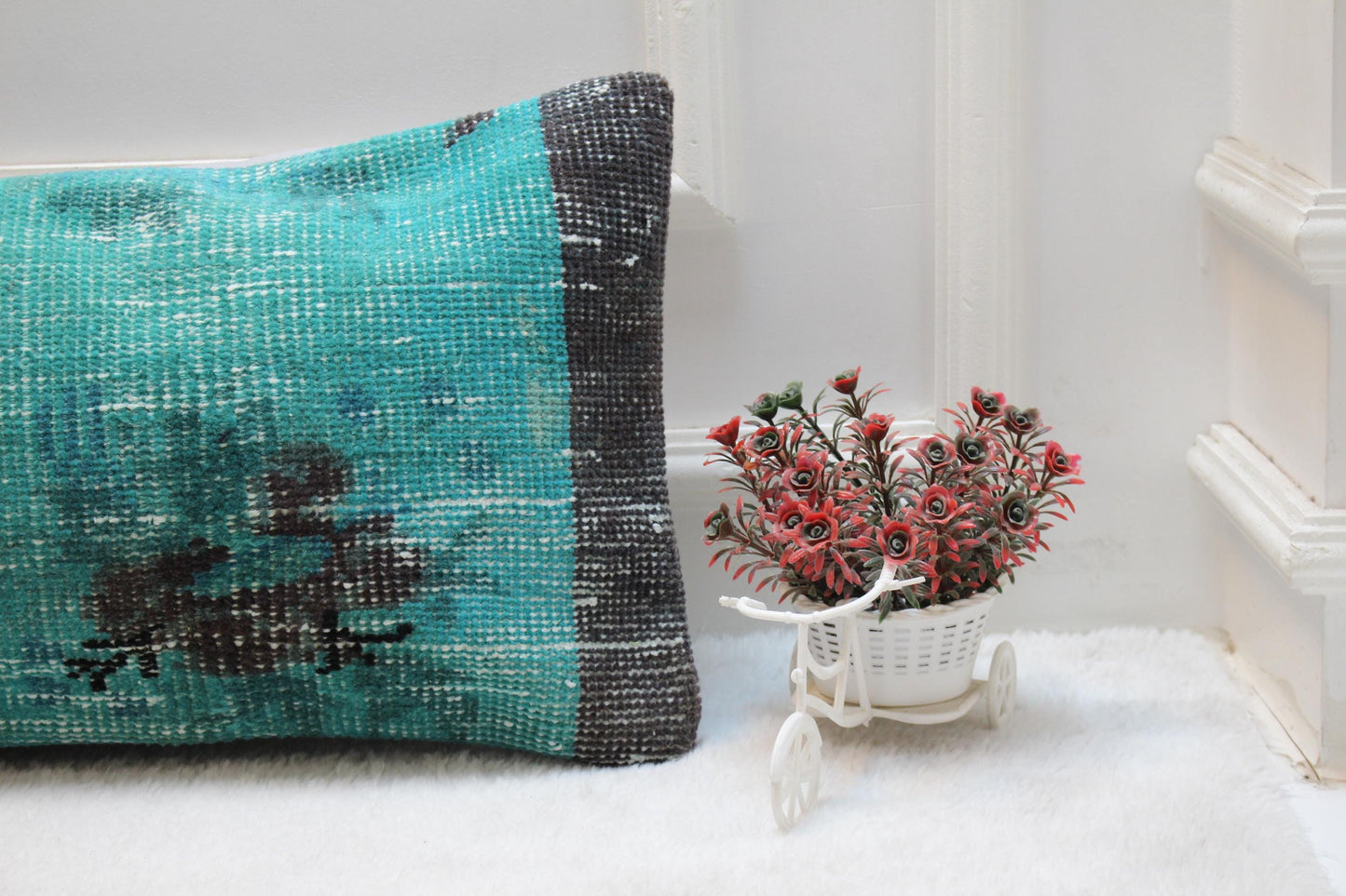 Boho Lumbar Pillow: Turquoise Floral Vintage Rug Print (12x36 inch)